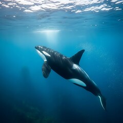 Naklejka premium Orca swimming in deep blue ocean water with sun rays