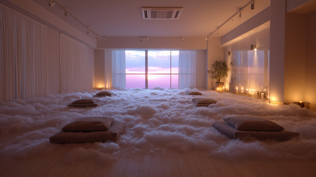 Interior room filled with cloud like material and pillows with a sunset view through the window