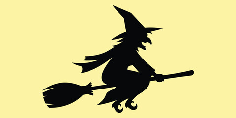 Fototapeta premium Witch flying on broomstick in silhouette against a soft yellow background conceptualizing Halloween and magic