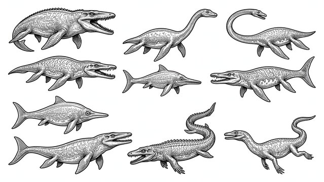 Collection of prehistoric marine reptiles and extinct aquatic dinosaurs engraving sketch