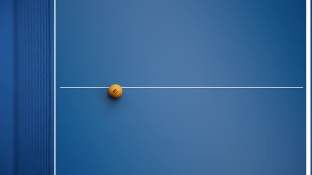 Orange table tennis ball dropping onto a blue ping pong table top view with center line and large copy space for titles, transparent background alpha channel 3D animation for sport broadcast overlays