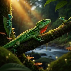 Fototapeta premium Vibrant green lizards perched on tree branches in a sunny jungle