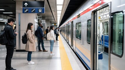 Fototapeta premium Commuters waiting on a modern subway platform beside a silver metro train with open doors