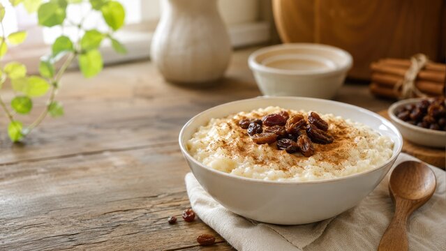 Creamy rice pudding in a white bowl topped with raisins and cinnamon on a rustic wooden table, with spoon, napkin, cup and plant in soft natural light