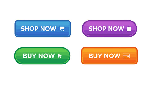 Set of colorful shop now and buy now web buttons