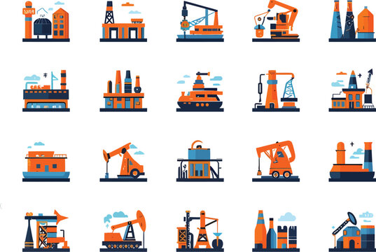 Oil and gas industry icons set rigs platforms refineries pumpjacks storage tanks energy production illustration concept