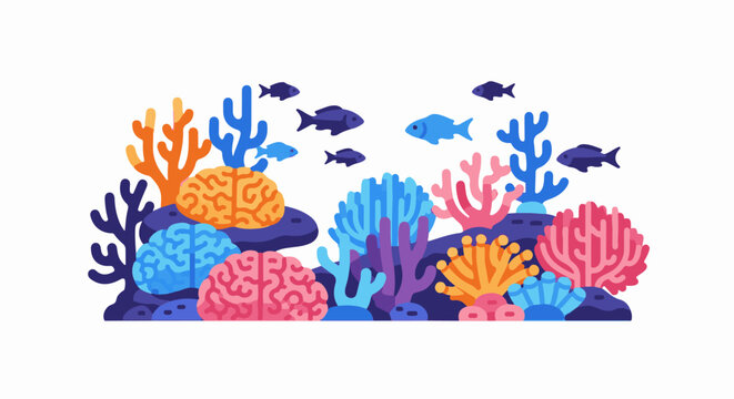 Colorful coral reef with fish and brain-like coral structures