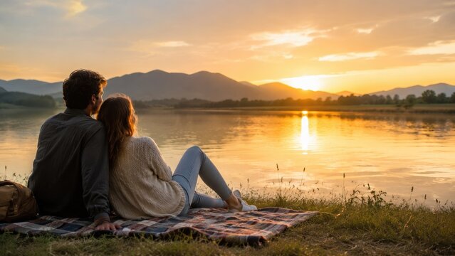 Romantic couple sits on a blanket by a lakeshore watching a golden hour sunset with mountain silhouettes and calm water reflections