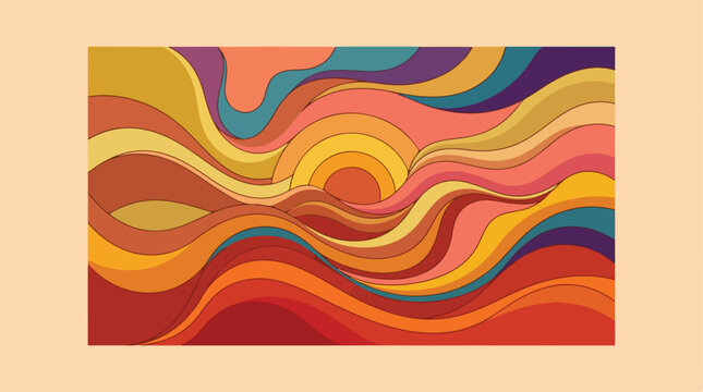 Vibrant Retro Psychedelic Sunset Wavy Abstract Background Illustration. Colorful 70s Style Flowing Lines and Sun Design for Creative Projects