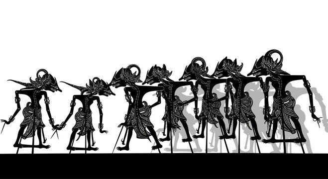 Traditional Indonesian Wayang Kulit shadow puppets in a row showcasing cultural heritage and artistry.