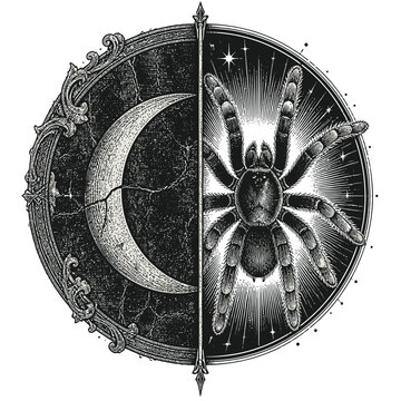 Detailed black and white illustration of a tarantula spider inside a decorative circular frame with a crescent moon.