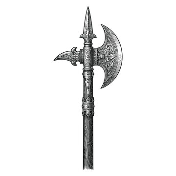 Detailed illustration of a medieval halberd polearm weapon.