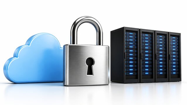 A padlock symbolizing security stands between a cloud and a server rack, illustrating the concepts of data protection and cloud storage.