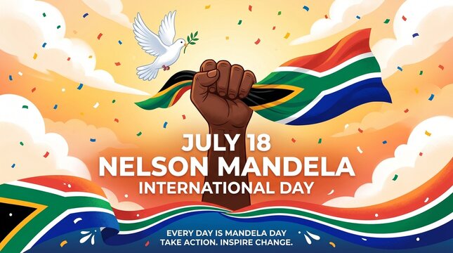 Nelson mandela international day july 18th celebration illustration with south african flag