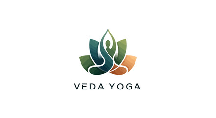 Fototapeta premium Veda Yoga Logo: Abstract Lotus Flower with Meditating Figure and Gradient Colors