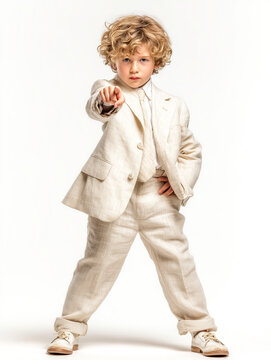 Confident child in beige linen suit stands with determined expression, pointing forward. curly haired child exudes sense of leadership and determination