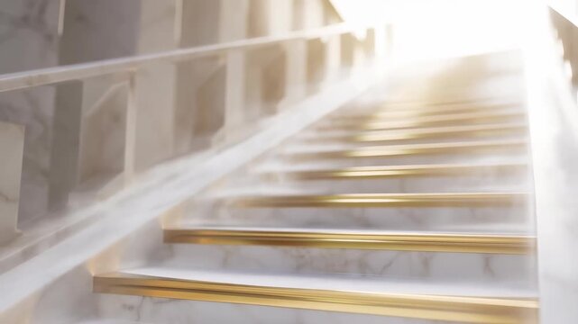 Tracking shot of elegant marble staircase with gold trim flooded with soft glowing light
