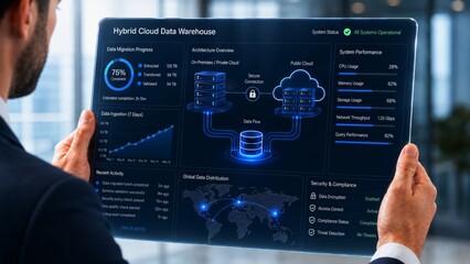 Fototapeta premium A professional presenting a digital dashboard for a hybrid cloud data warehouse, showcasing data metrics and system performance insights.