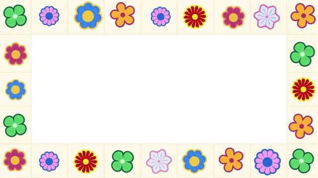 Cute Flower Frame Animation, Retro 90s Floral Border Seamless Loop Video Overlay with Copy Space. Colorful Y2K Flower Border Animated Background, Cute Flat Floral Grid Frame Motion Graphic Loop