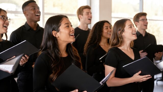 Diverse young adult choir singing together in black attire, holding music folders during a joyful rehearsal