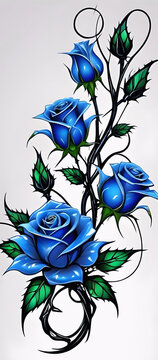 Malang East Java Indonesia I:10-June2026, Vector illustration of a bright blue rose in a tattoo-style composition featuring thorny black vines, bright green leaves, and delicately arranged petals. Evo