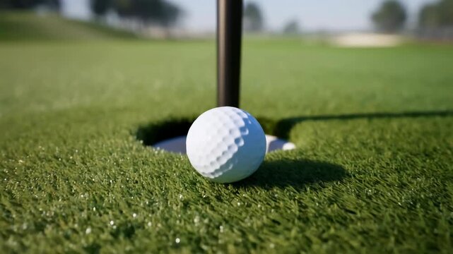 Tracking shot of white golf ball rolling across putting green and dropping into hole on sunny day