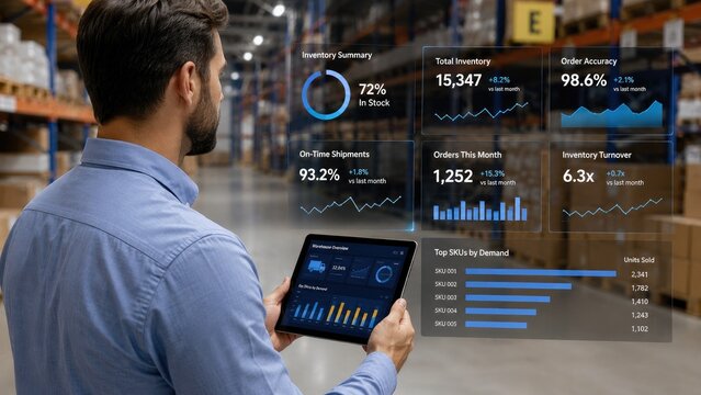 Warehouse worker viewing a tablet and holographic inventory dashboard with charts and real-time analytics over industrial shelving