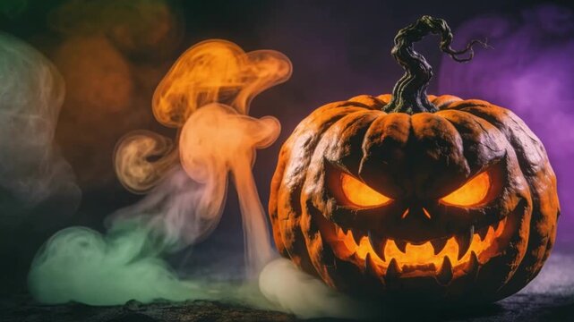 Evil pumpkin with smoke and confetti, Halloween background. AI generated.