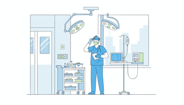 A surgeon stands in a fully equipped operating room holding a clipboard, surrounded by medical monitors, IV stands, and surgical lights in sterile.