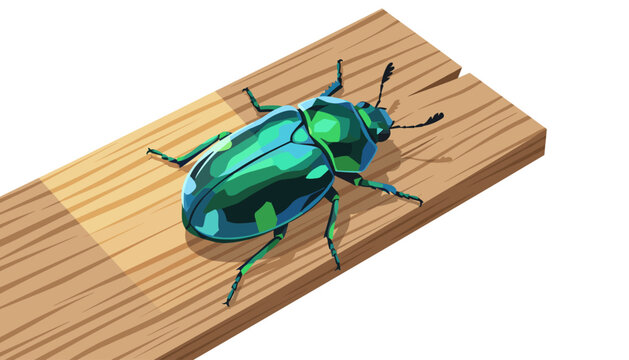 A vibrant metallic green beetle rests on a textured wooden plank surface, captured in a detailed macro style with soft natural lighting effects.