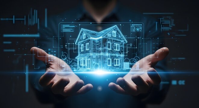 Futuristic smart home technology concept with a man cupping a glowing neon house icon hologram, visualizing energy efficiency, remote management, and internet of things.