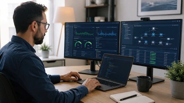 Software developer working with code and monitoring dashboards on dual monitors and a laptop in a modern home office workspace