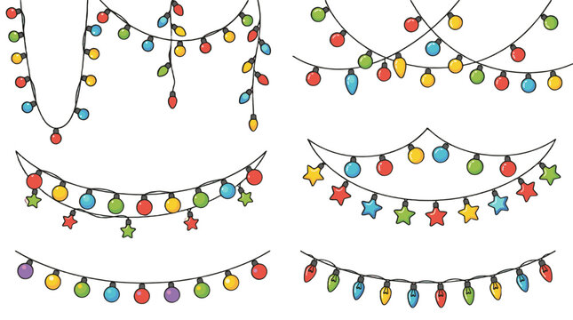 Set of colorful string light garlands isolated on white