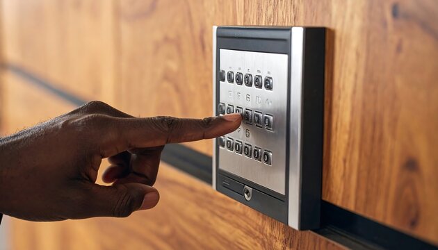 Dark hand presses a keypad on a wooden wall, close-up of modern security access control panel