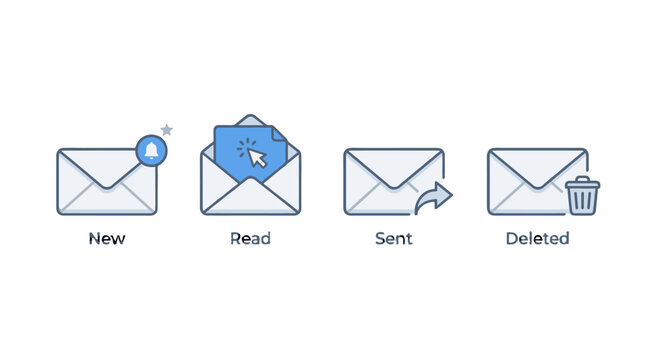 Mail envelope icon set with new read sent and deleted states