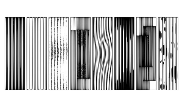 Abstract Monochrome Vertical Line Texture and Striped Pattern Banner Set with Geometric Glitch and Distorted Wave Effects for Graphic Design