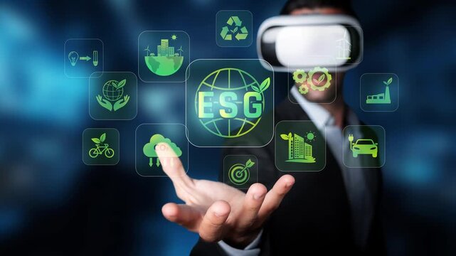 A businessman engages with virtual reality to explore sustainability icons that illustrate concepts of environmental, social, and governance practices for responsible growth. Raster