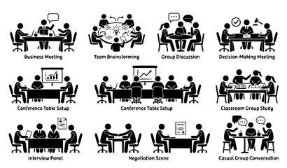 Obraz premium Business Meeting and Corporate Group Discussion Stick Figure Icon Set with Team Brainstorming, Interview Panel, Conference Setup, and Negotiation Scene Symbols
