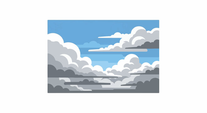 A pixelated sky scene features a variety of cumulus and stratus clouds against a bright blue sky