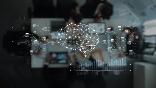 An innovative brain network visualization overlays a business meeting scene, illustrating connectivity and data analysis within a collaborative workspace environment. Raster