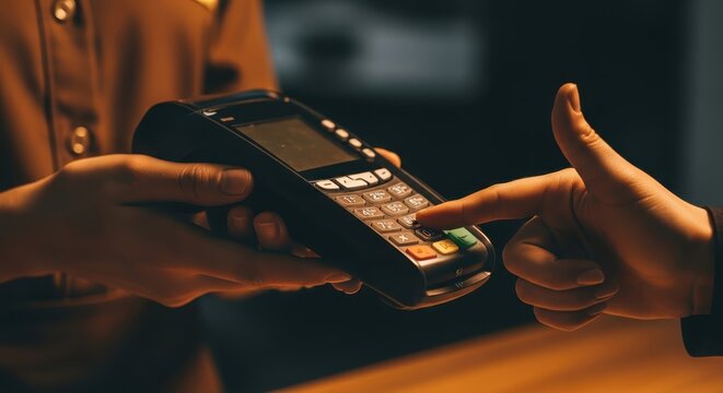 Customer Entering PIN Code on Credit Card Terminal for Secure Payment