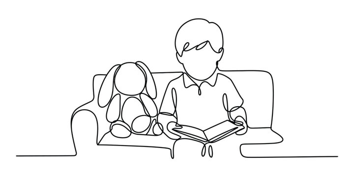 Continuous single line drawing of a little boy sitting on a sofa reading a book with his cute rabbit plush toy doll Vector, illustration