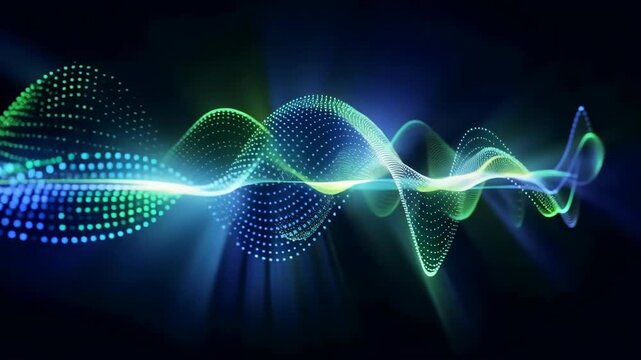 Abstract Digital Sound Waveform Visualization with Blue and Green Lights.