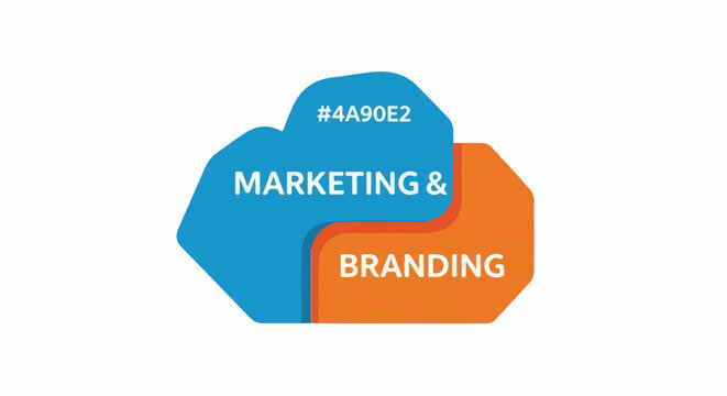 Two intersecting abstract shapes, one blue and one orange, with white text indicating "MARKETING & BRANDING