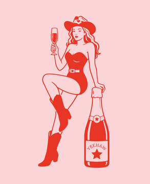Bachelorette cowgirl with champagne bottle on the pink isolated background.