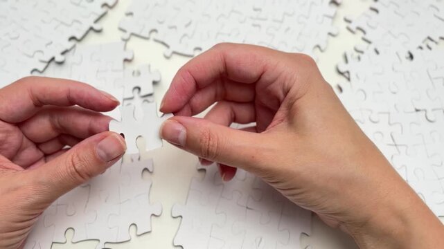 Hand putting the last piece of a white jigsaw puzzle together