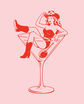 Bachelorette in martini glass cowgirl on the pink isolated background.