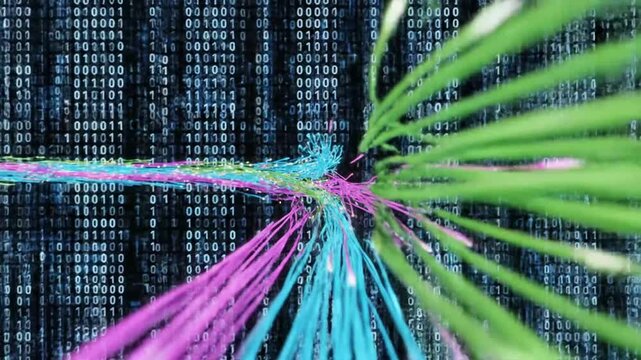 Abstract colorful data streams flowing through binary code field.