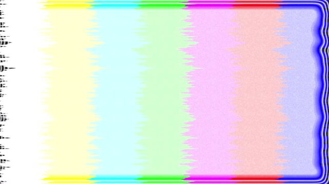 Glitch effect overlays a rainbow stripes tv test pattern screen. Suitable for digital art, video editing, multimedia projects, and retro designs.