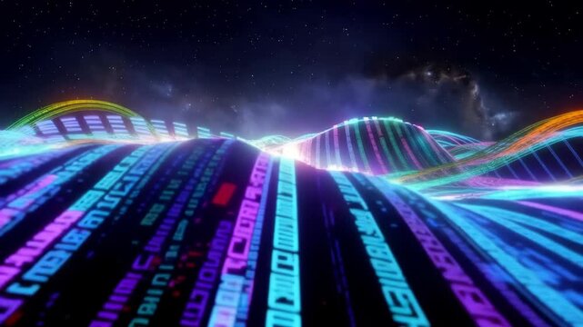 Abstract Digital Landscape of Flowing Data Streams and Binary Code.